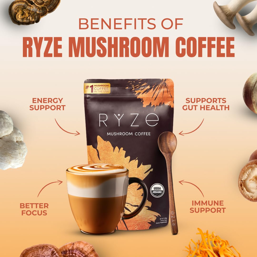 RYZE SUPERFOODS Mushroom Coffee USDA Organic with 6 Adaptogenic Mushroms+MCT Oil