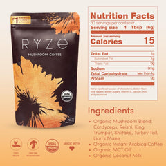 RYZE SUPERFOODS Mushroom Coffee USDA Organic with 6 Adaptogenic Mushroms+MCT Oil