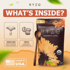 RYZE SUPERFOODS Mushroom Coffee USDA Organic with 6 Adaptogenic Mushroms+MCT Oil