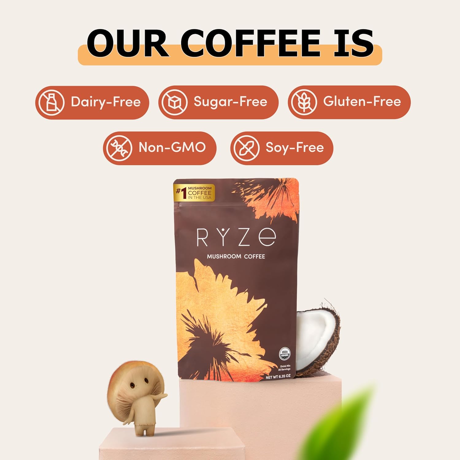 RYZE SUPERFOODS Mushroom Coffee USDA Organic with 6 Adaptogenic Mushroms+MCT Oil