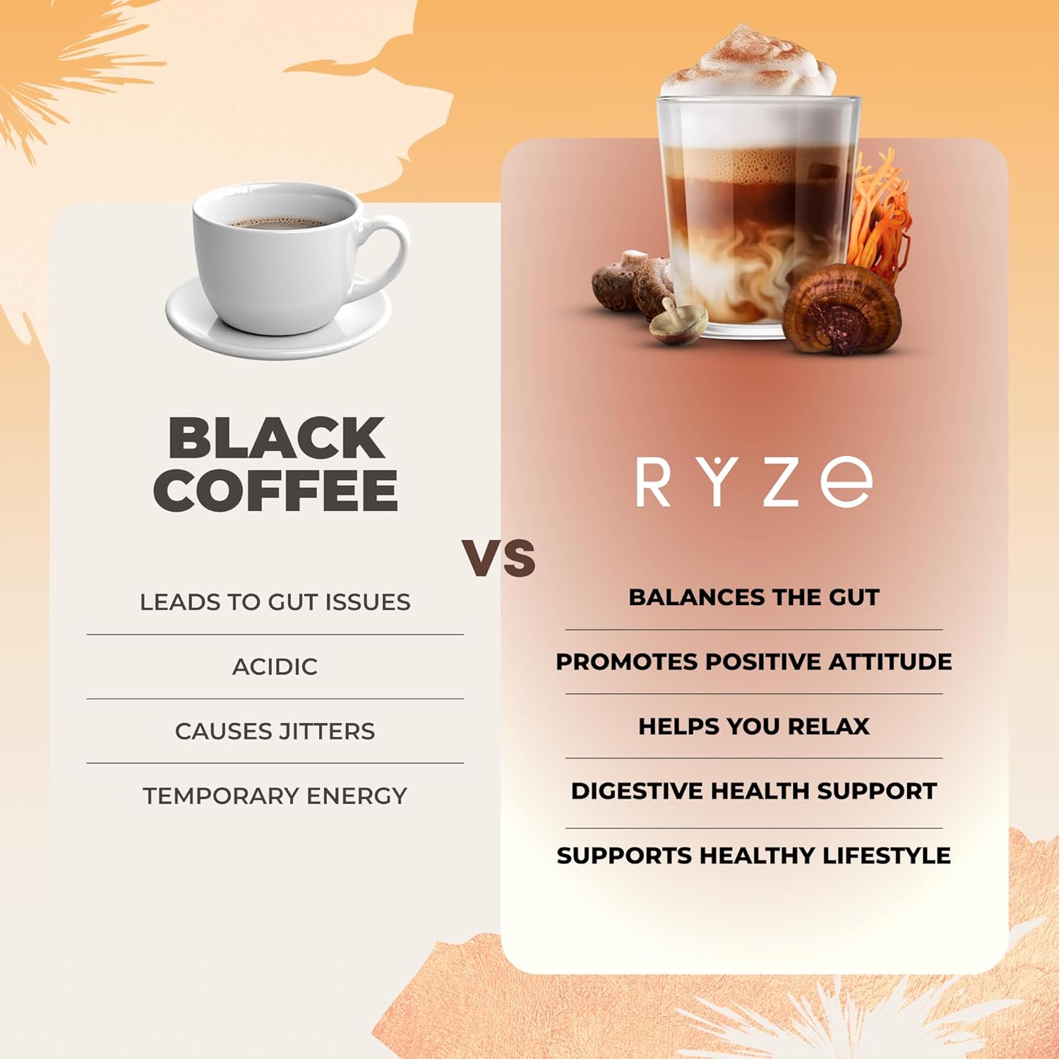 RYZE SUPERFOODS Mushroom Coffee USDA Organic with 6 Adaptogenic Mushroms+MCT Oil