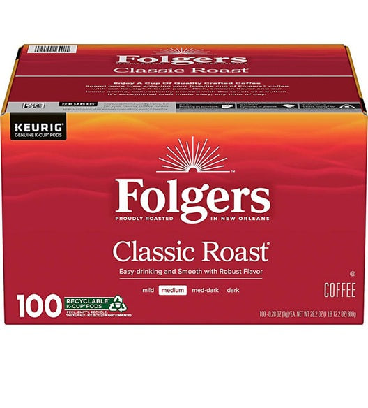 Folger Classic Roast Medium Roast Coffee, K' Cup Pods, 100 Count