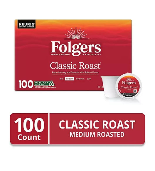 Folger Classic Roast Medium Roast Coffee, K' Cup Pods, 100 Count
