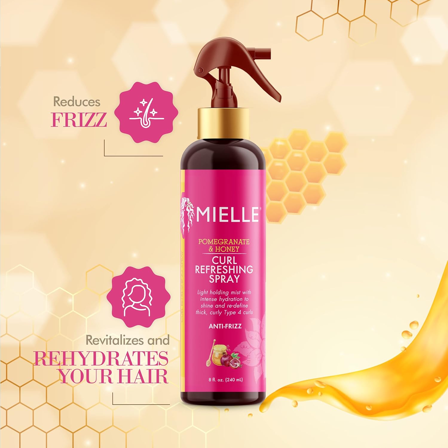 Mielle Pomegranate & Honey Curl Refreshing Spray 240ml hydrates, defines & revitalizes natural curls
