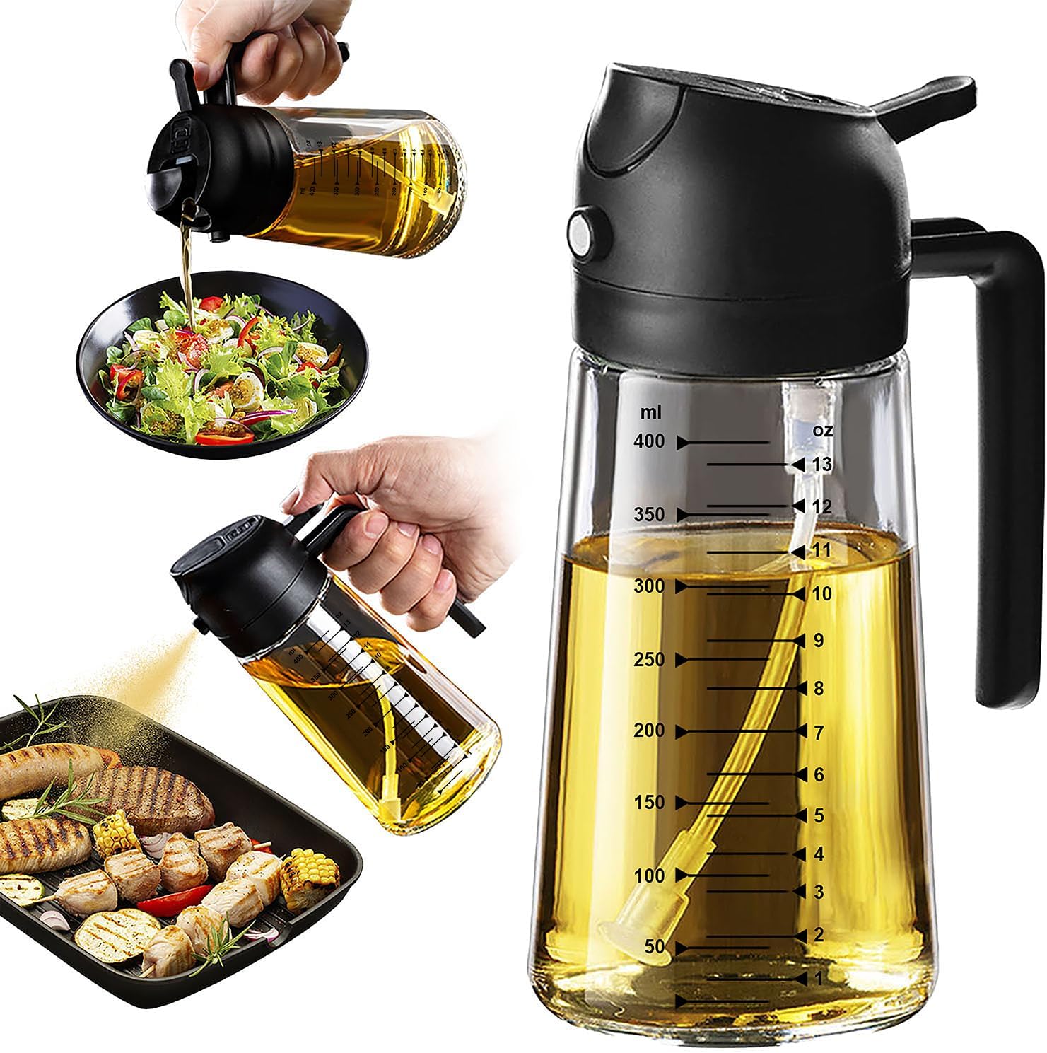 2-in-1 Glass Olive Oil Sprayer & Dispenser – 16oz for Cooking, Salad, BBQ & More