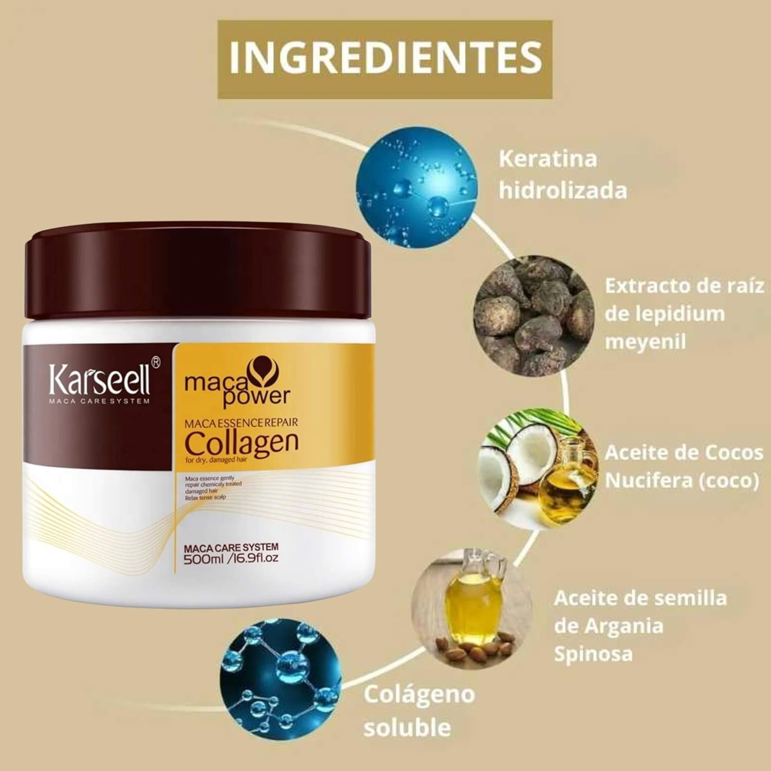 Karseell Mascarilla de Colágeno 500ml restores damaged hair, adds shine, strength & deep hydration