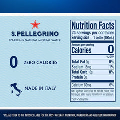 S.Pellegrino Sparkling Natural Mineral Water, 16.9 fl oz (500ml), Pack of 24 Bottles